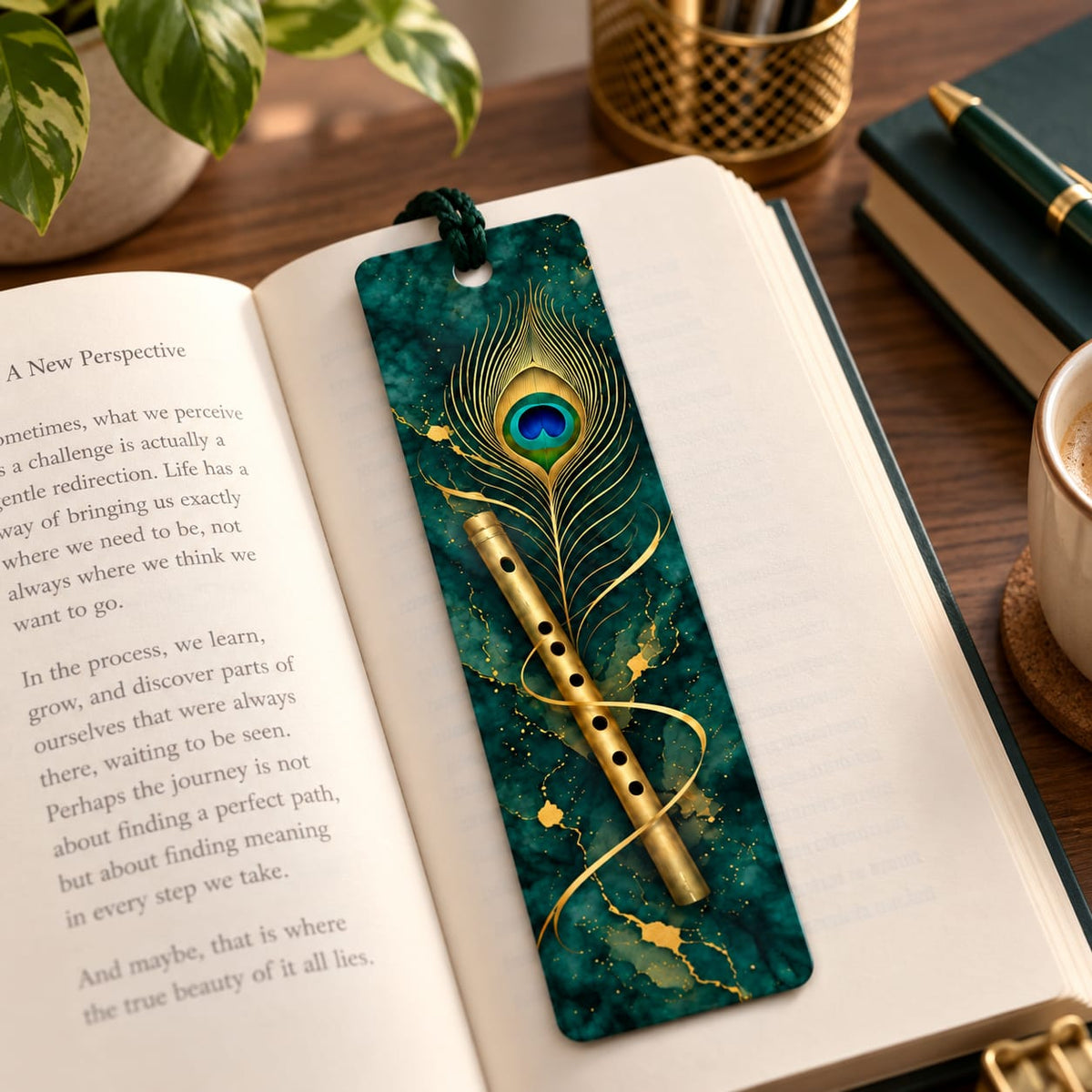 Emerald Flute and Peacock Feather Bookmark