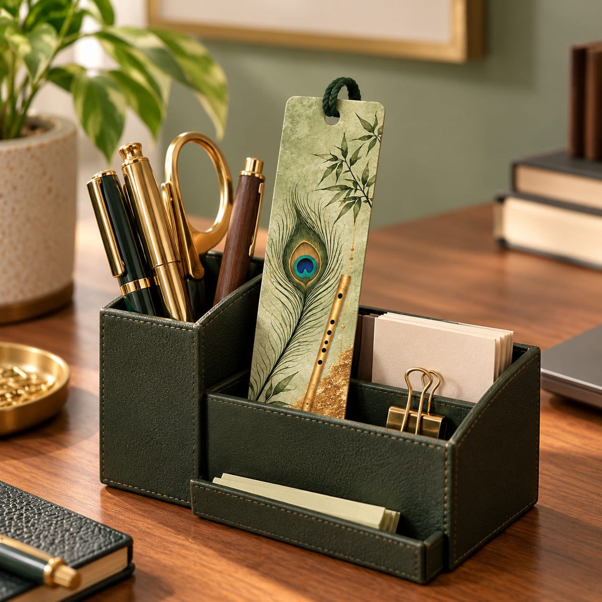 Green Flute and Peacock Feather Bookmark