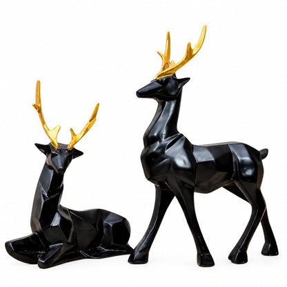 Geometric Black and Gold Deer Figurine Set