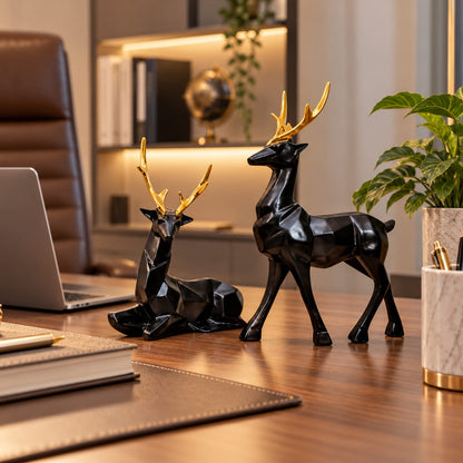 Geometric Black and Gold Deer Figurine Set