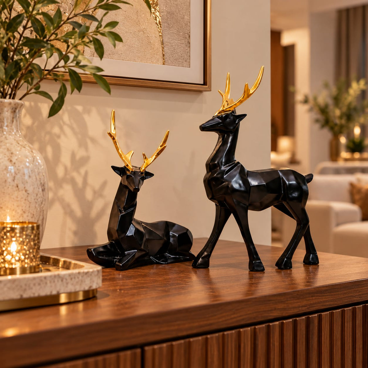 Geometric Black and Gold Deer Figurine Set