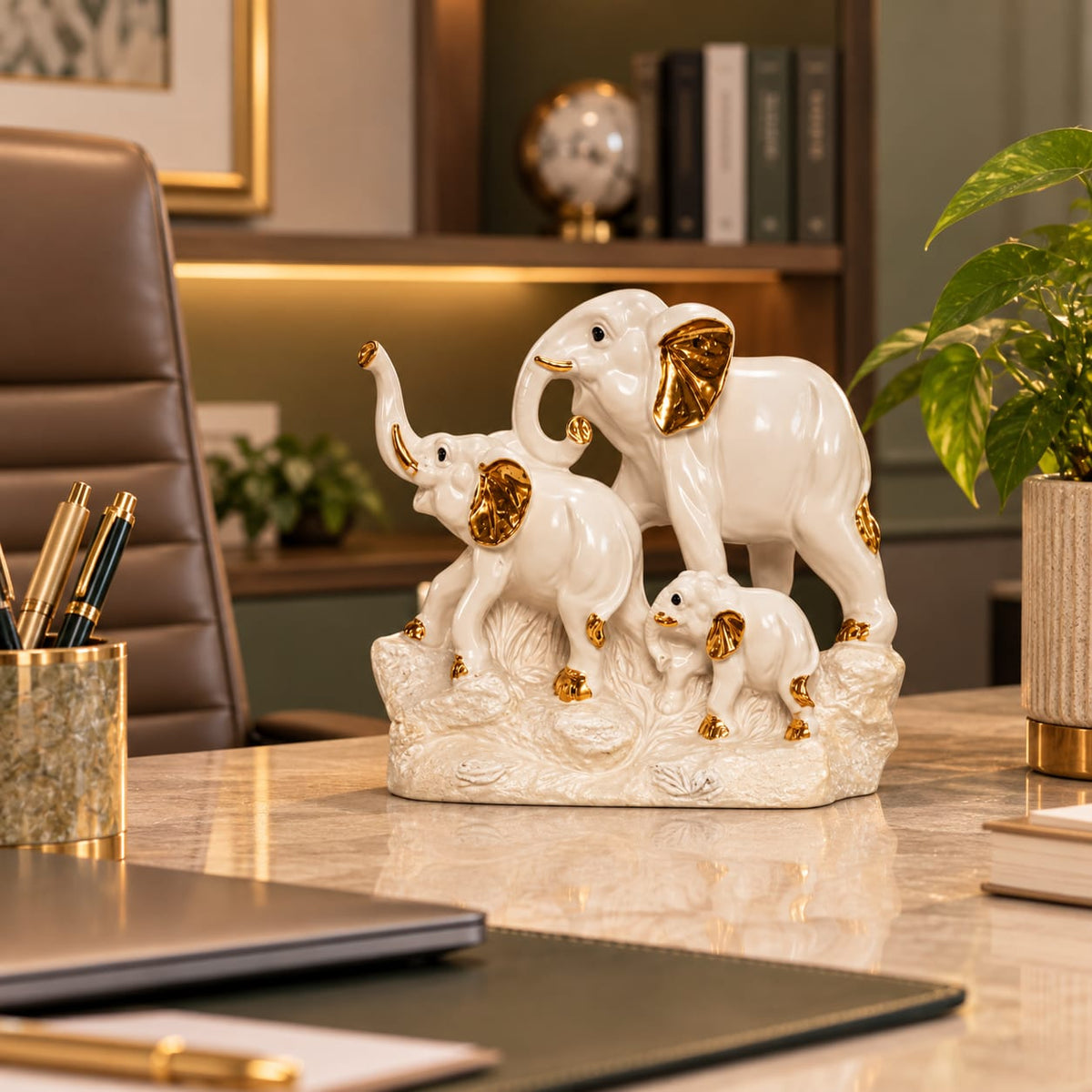 Royal White & Gold Elephant Family Figurine