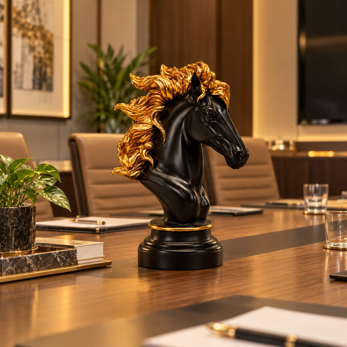 Regal Black & Gold Horse Bust Figurine