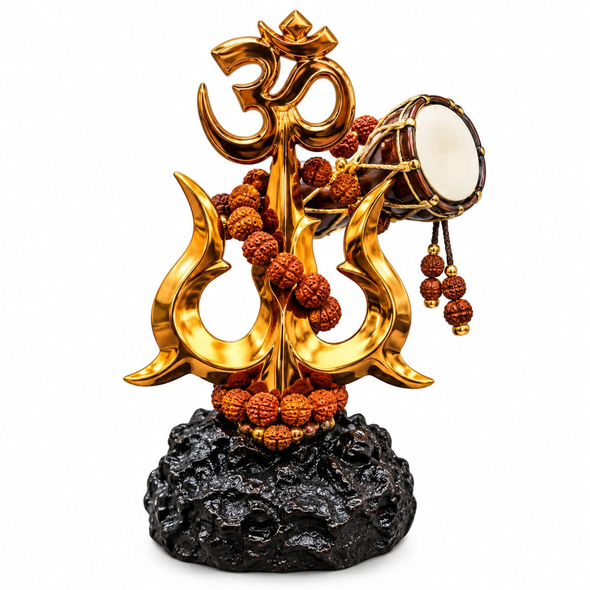 Divine Shiva Trishul, Damru & Om Showpiece with Rudraksha Beads | Spiritual Golden Idol for Home Temple & Living Room Decor
