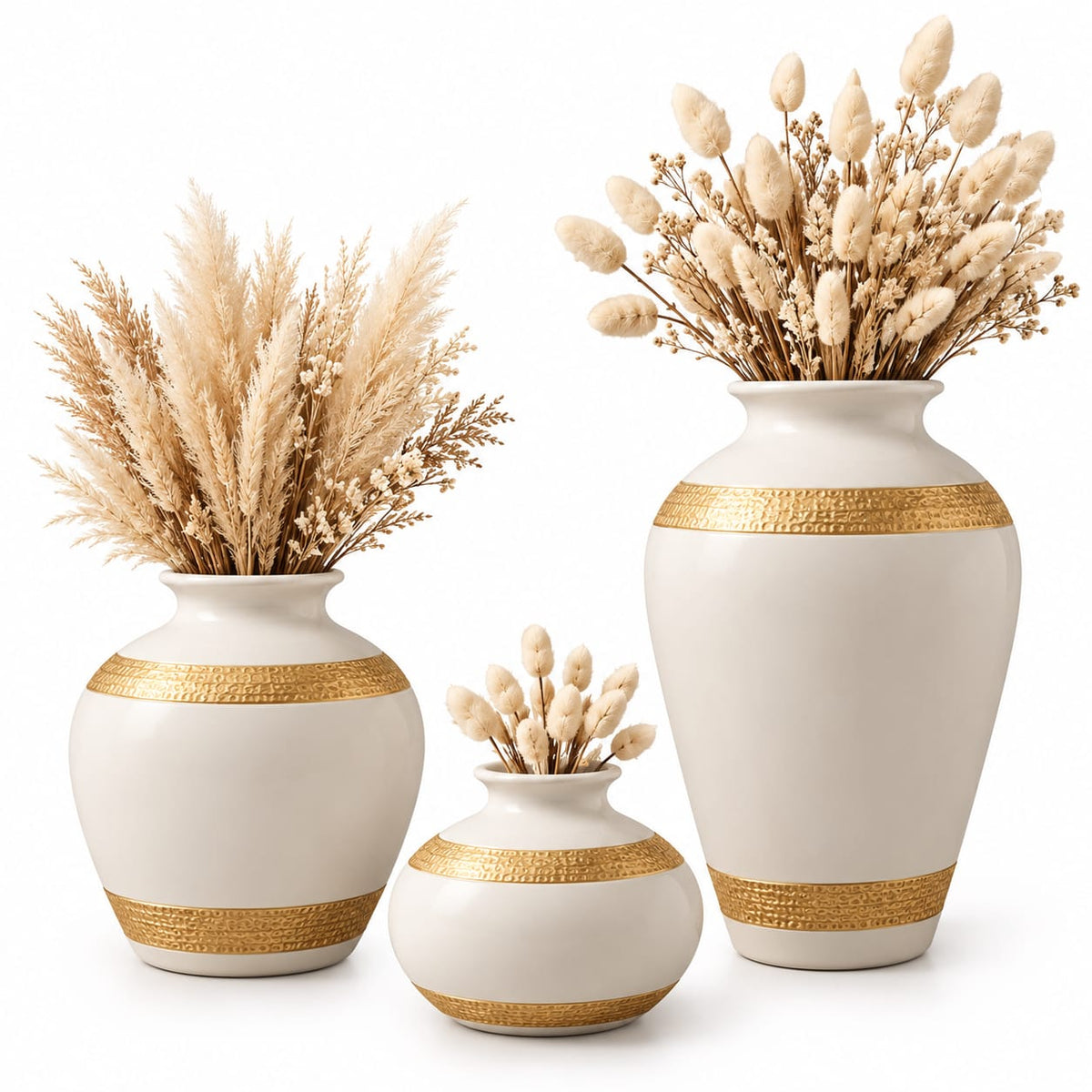White & Gold Trimmed Ceramic Flower Vase Set | Elegant Sculptural Pot Trio for Living Room & Home Decor