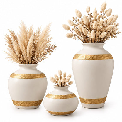 White & Gold Trimmed Ceramic Flower Vase Set | Elegant Sculptural Pot Trio for Living Room & Home Decor