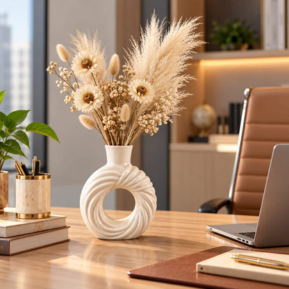 Swirled Ring Ceramic Flower Vase | Glossy Off-White Donut-Style Sculptural Pot for Living Room & Home Decor