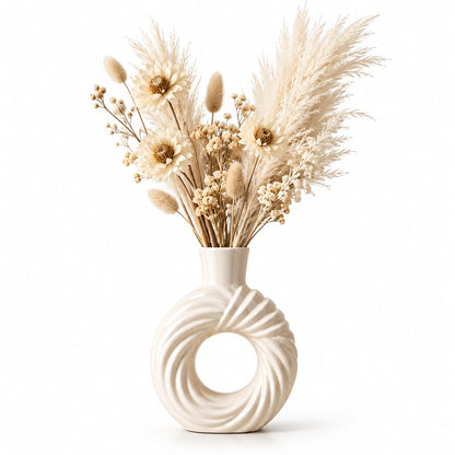 Swirled Ring Ceramic Flower Vase | Glossy Off-White Donut-Style Sculptural Pot for Living Room & Home Decor