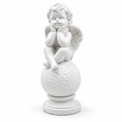 Celestial Cherub Angel Figurine on Pedestal | Matte White Sitting Cupid Showpiece for Living Room & Home Decor
