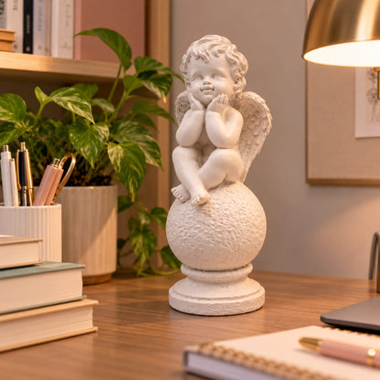 Celestial Cherub Angel Figurine on Pedestal | Matte White Sitting Cupid Showpiece for Living Room & Home Decor