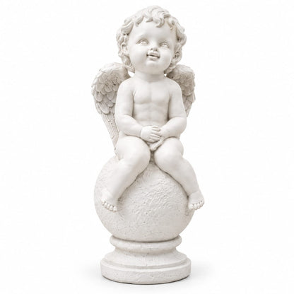 Celestial Cherub Angel Globe Figurine | Matte White Sitting Cupid Showpiece for Living Room & Home Decor