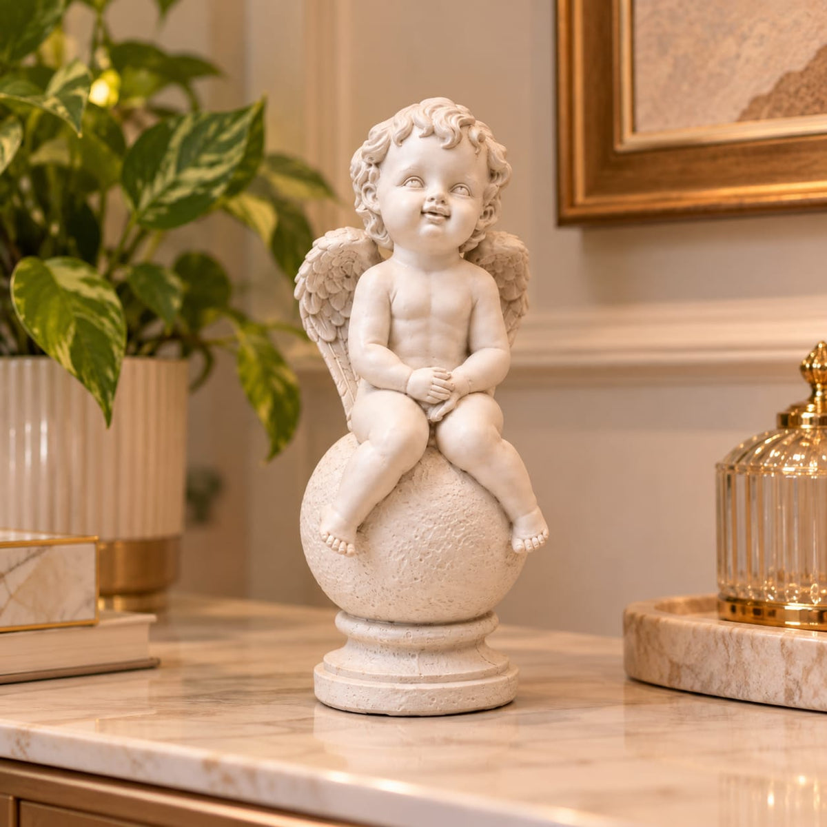 Celestial Cherub Angel Globe Figurine | Matte White Sitting Cupid Showpiece for Living Room & Home Decor