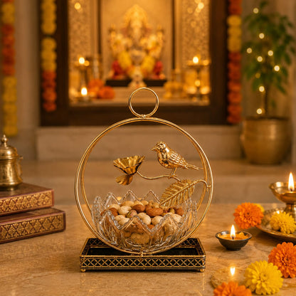 Golden Circular Ring and Bird Decorative Glass Bowl Centerpiece