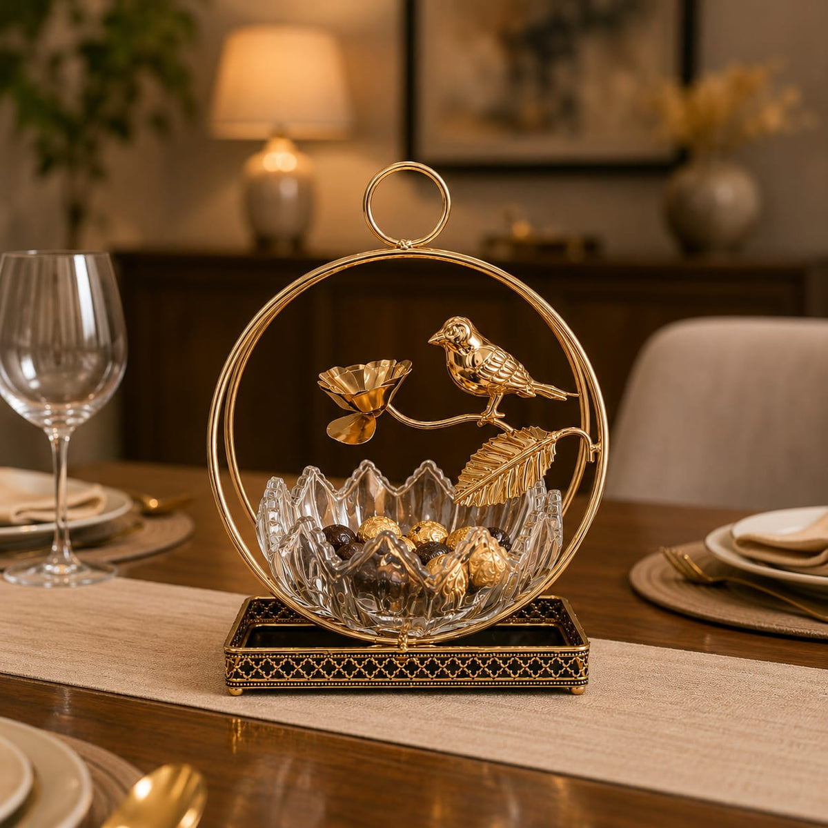 Golden Circular Ring and Bird Decorative Glass Bowl Centerpiece