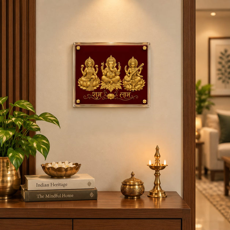 Lakshmi Ganesha Saraswati Golden Acrylic Framed