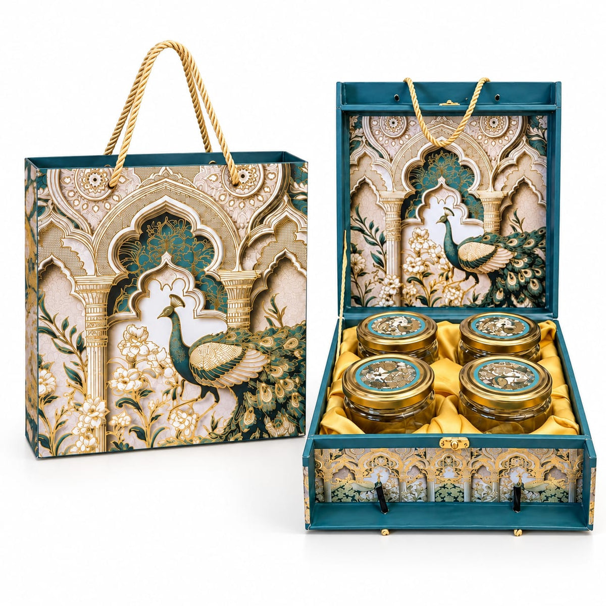 Royal Peacock Motif 4-Jar Premium Dry Fruit Gift Box Set