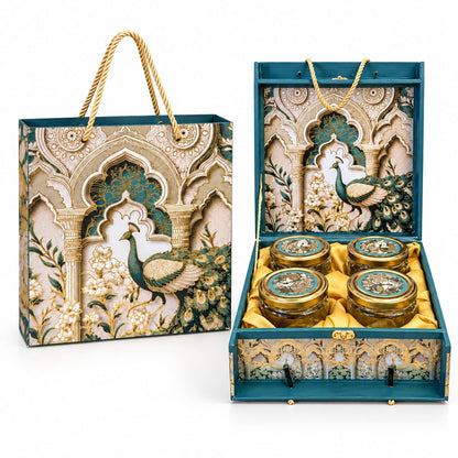 Royal Peacock Motif 4-Jar Premium Dry Fruit Gift Box Set