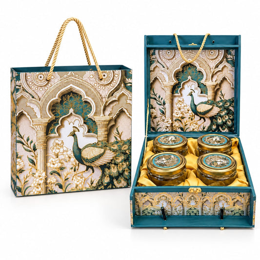 Royal Peacock Motif 4-Jar Premium Dry Fruit Gift Box Set