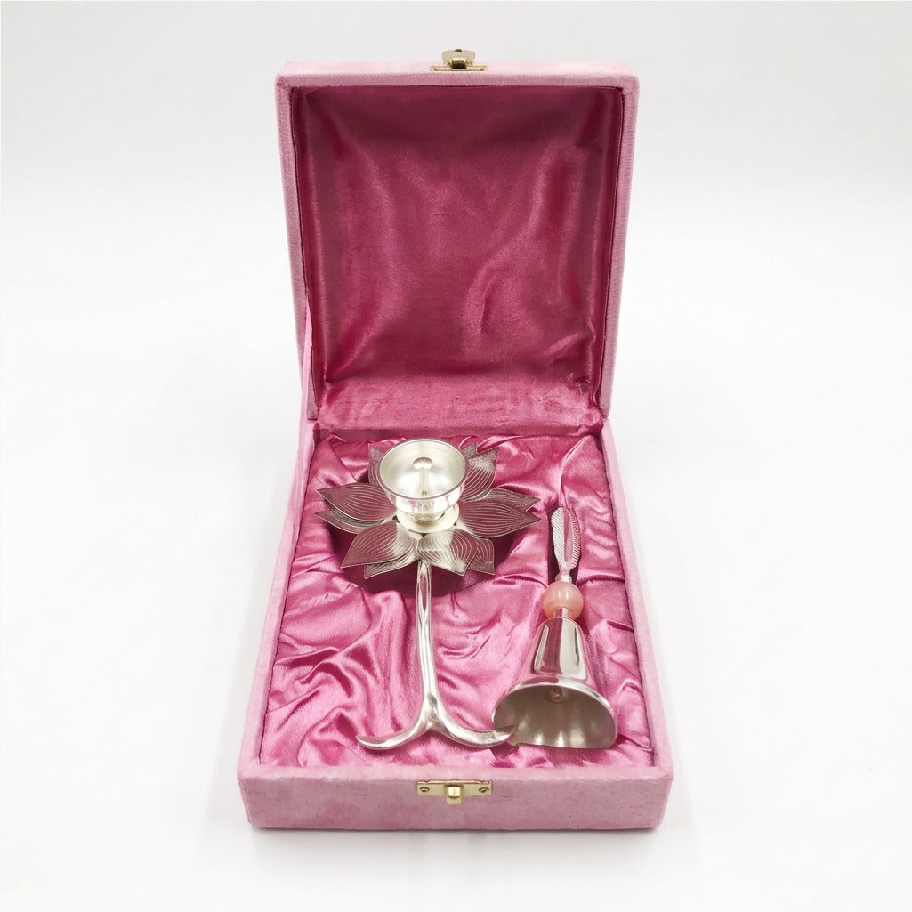 Premium Silver Floral Diya & Pooja Bell Set