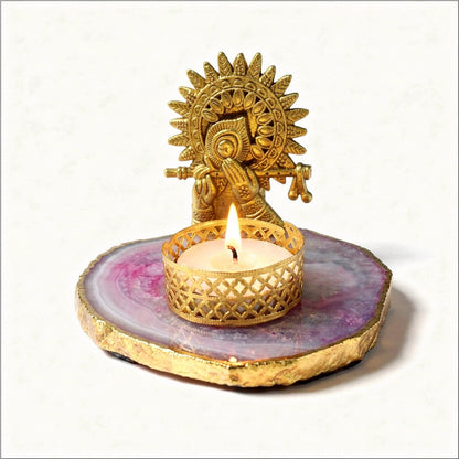 Golden Lord Krishna Flute & Peacock Feather Agate Tealight Candle Holder