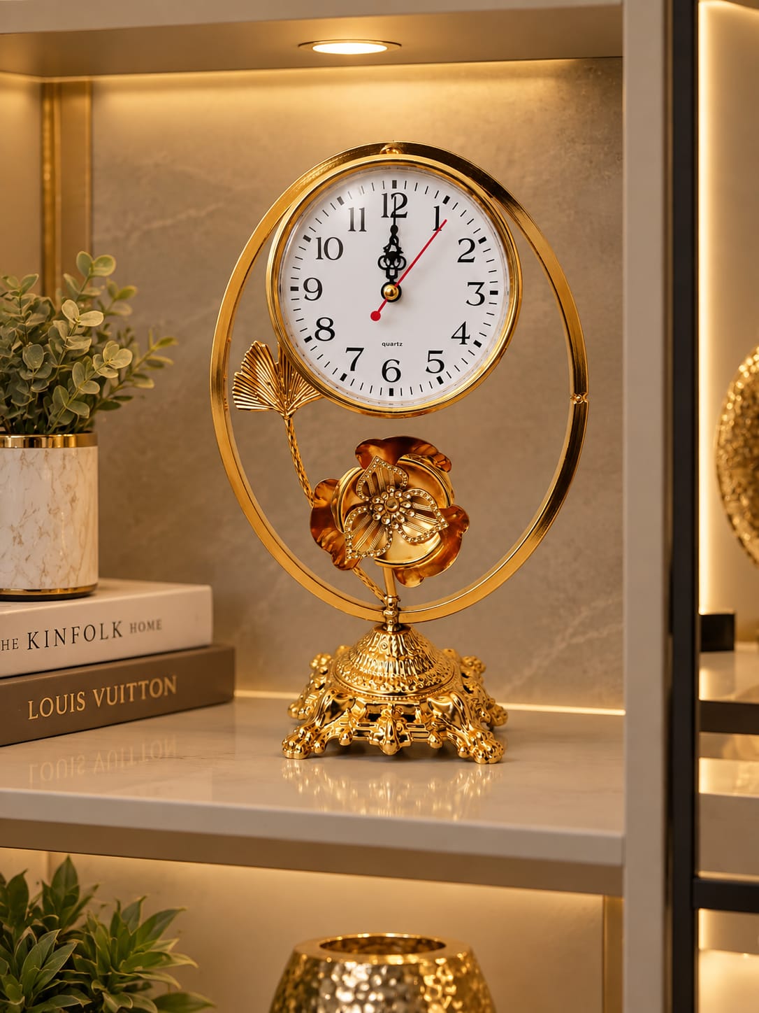 Gold Floral Circular Frame Desk Clock