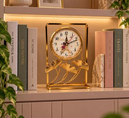 Ginkgo Leaf Design Gold Desk Clock