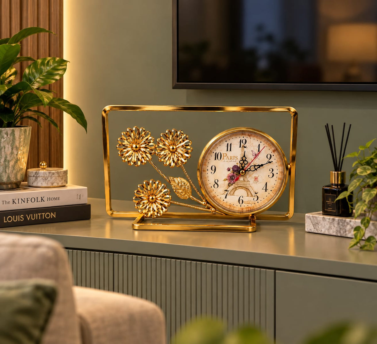 Gold Floral Accent Desk Clock
