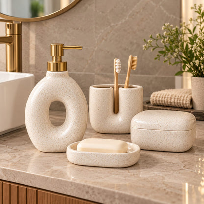 Ceramic Bathroom Accessory Set in Wooden Box