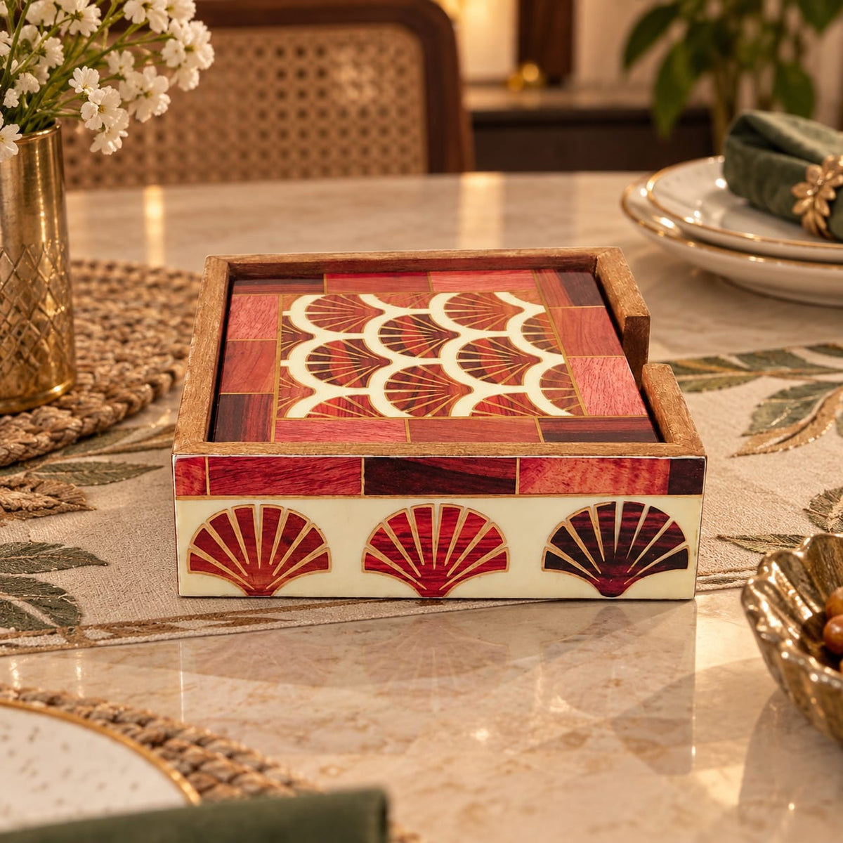 Decorative Inlaid Coaster Set with Holder