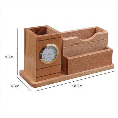 Natural Wooden Desk Organizer with Analog Clock
