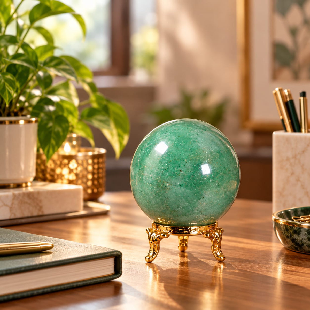 Natural Green Aventurine Crystal Sphere with Stand