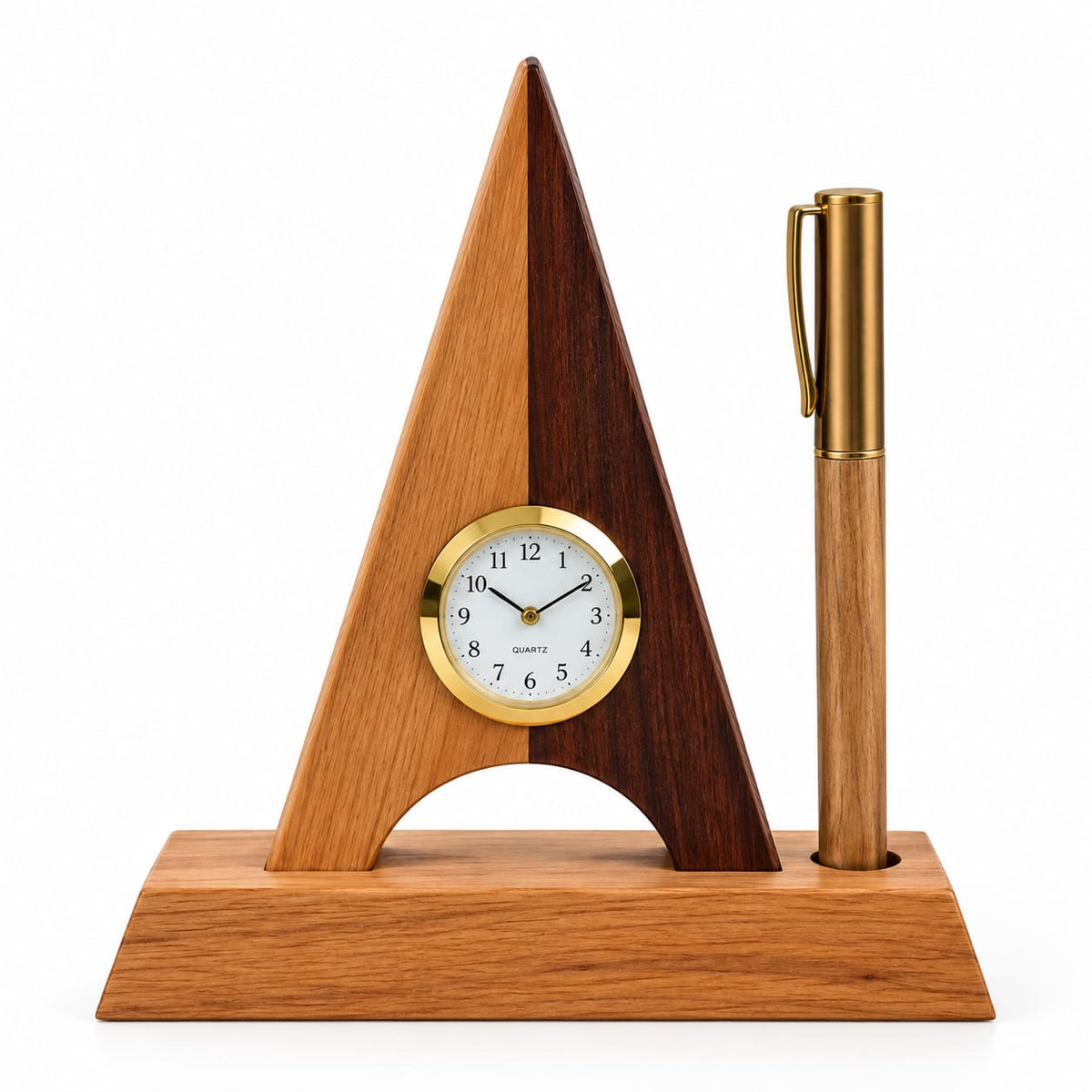 Wooden Pyramid Desk Clock and Pen Stand