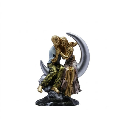 Romantic Couple Seated on Moon Figurine | Silver & Gold Embracing Lovers Showpiece for Bedroom & Living Room Decor