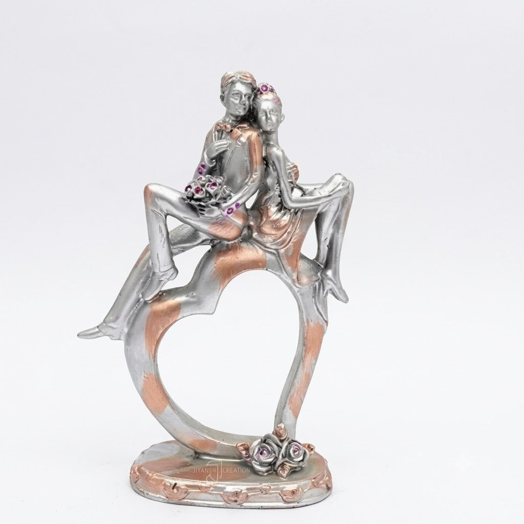 Romantic Couple on Heart Base Figurine | Silver & Rose Gold Anniversary Showpiece for Bedroom & Home Decor