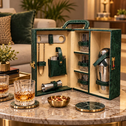 Luxury Green Leatherette Bar Tool Kit Set | Premium Portable Cocktail Shaker & Barware Gift Box for Home Bar & Parties