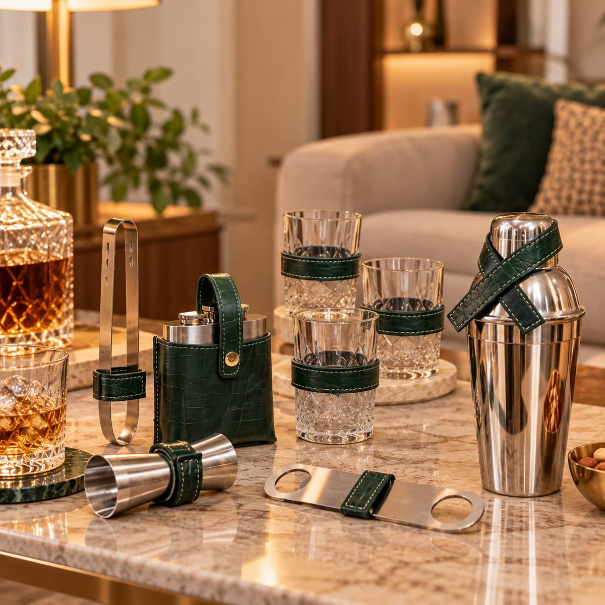 Luxury Green Leatherette Bar Tool Kit Set | Premium Portable Cocktail Shaker & Barware Gift Box for Home Bar & Parties