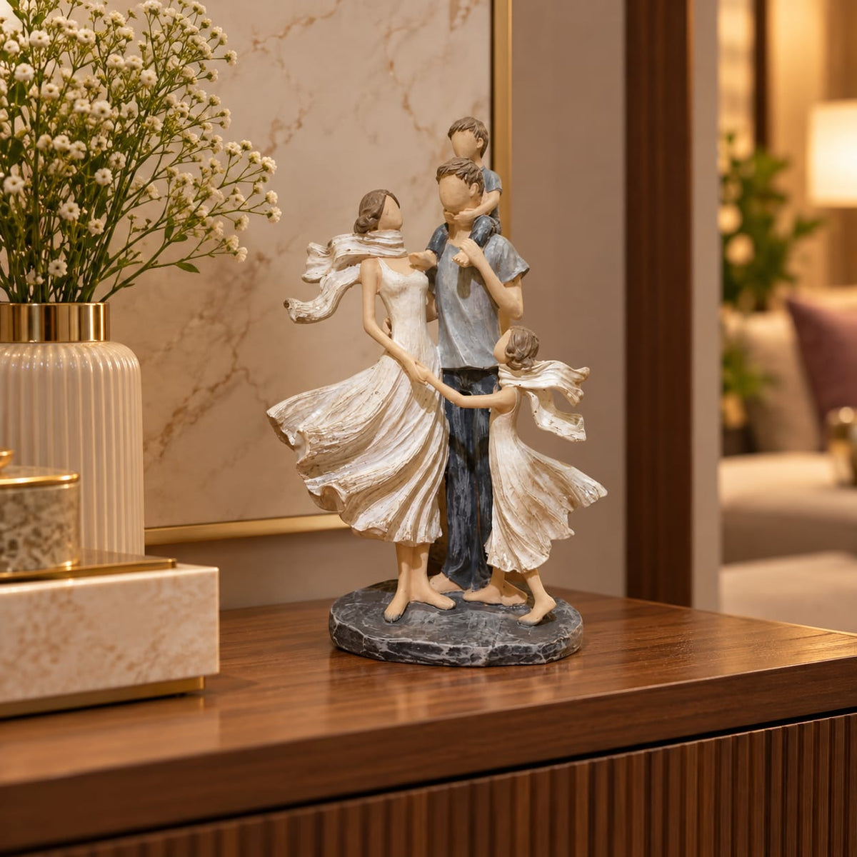 Happy Family Figurine with Parents and Children | Loving Family Sculpture for Living Room & Home Decor