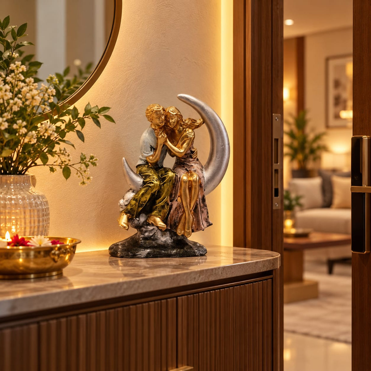 Romantic Couple Seated on Moon Figurine | Silver & Gold Embracing Lovers Showpiece for Bedroom & Living Room Decor