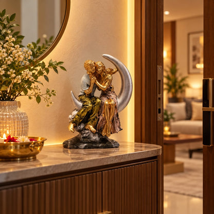 Romantic Couple Seated on Moon Figurine | Silver & Gold Embracing Lovers Showpiece for Bedroom & Living Room Decor