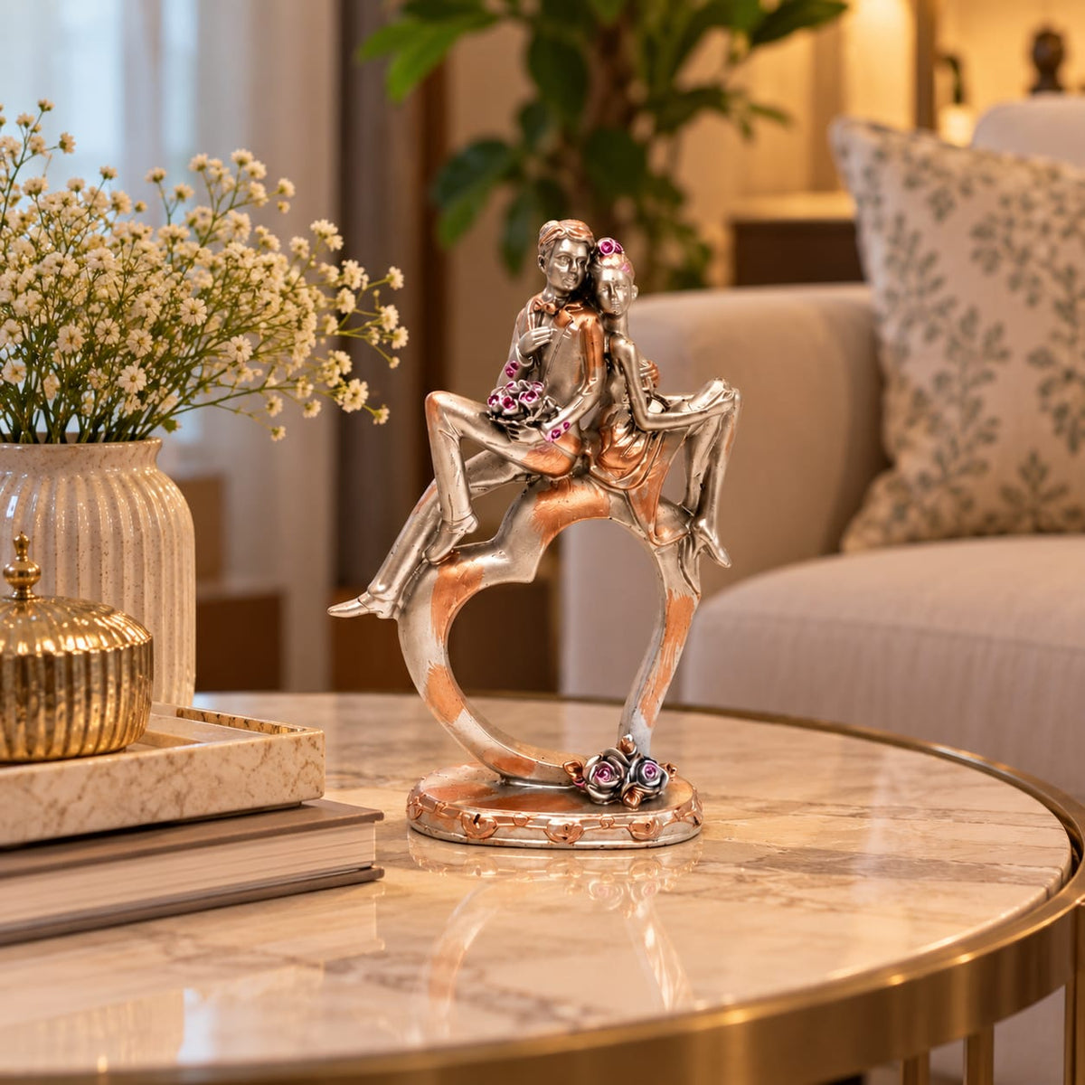 Romantic Couple on Heart Base Figurine | Silver & Rose Gold Anniversary Showpiece for Bedroom & Home Decor