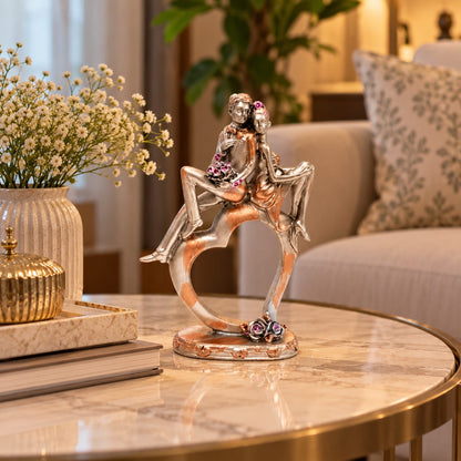Romantic Couple on Heart Base Figurine | Silver & Rose Gold Anniversary Showpiece for Bedroom & Home Decor
