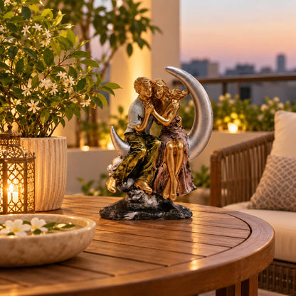 Romantic Couple Seated on Moon Figurine | Silver & Gold Embracing Lovers Showpiece for Bedroom & Living Room Decor