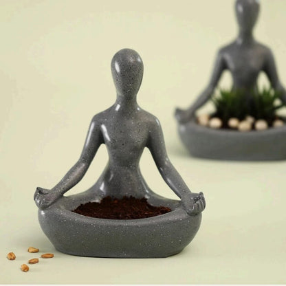Meditating Yogi Figurine Planter Pot | Grey Speckled Yoga Pose Pot for Living Room & Home Decor