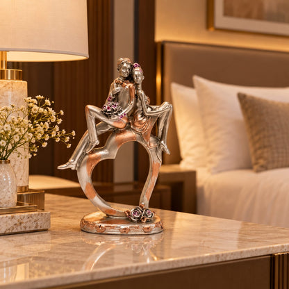 Romantic Couple on Heart Base Figurine | Silver & Rose Gold Anniversary Showpiece for Bedroom & Home Decor