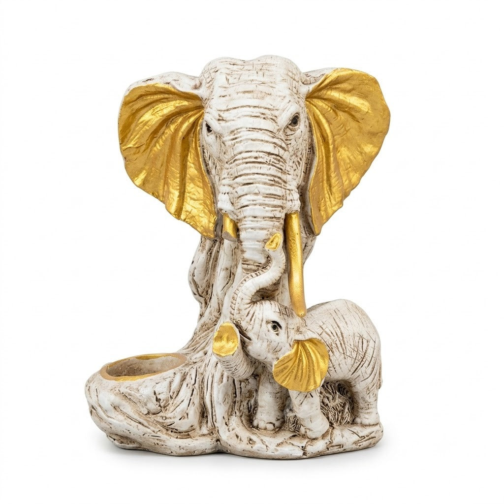 Elephant Family Figurine with Tealight Holder | White & Gold Mother and Calf Showpiece for Living Room & Home Decor