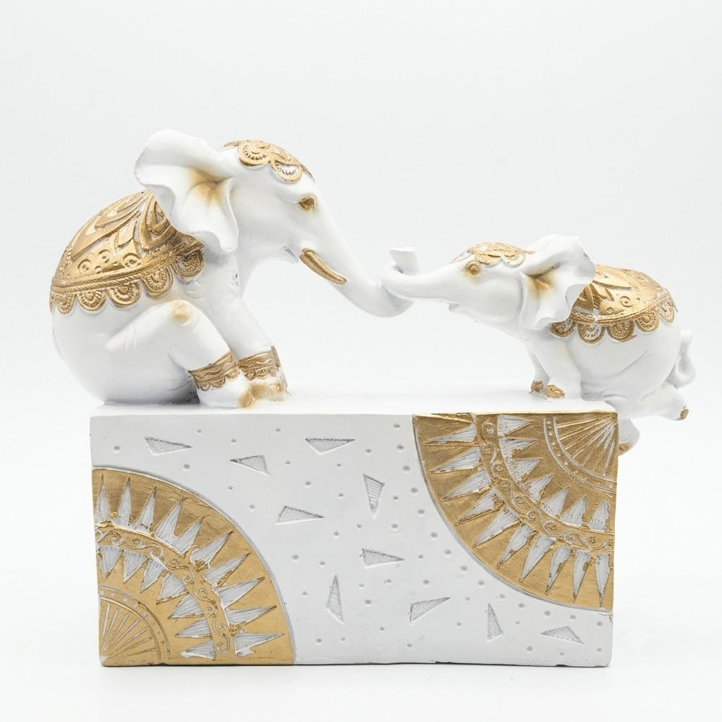 Ornate White & Gold Elephant Family Showpiece | Royal Mother and Calf Figurine for Living Room & Home Decor