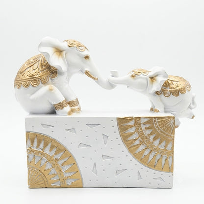 Ornate White & Gold Elephant Family Showpiece | Royal Mother and Calf Figurine for Living Room & Home Decor
