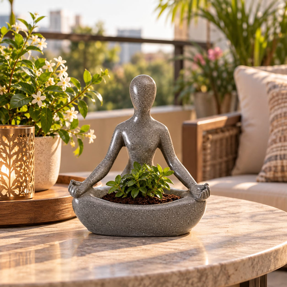 Meditating Yogi Figurine Planter Pot | Grey Speckled Yoga Pose Pot for Living Room & Home Decor