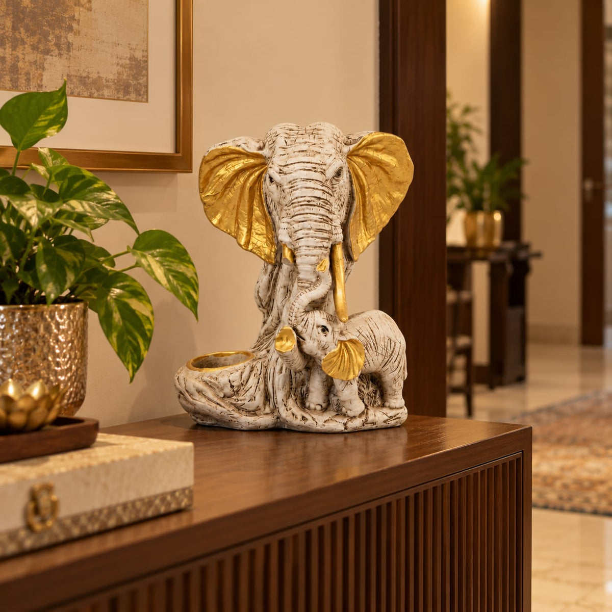Elephant Family Figurine with Tealight Holder | White & Gold Mother and Calf Showpiece for Living Room & Home Decor
