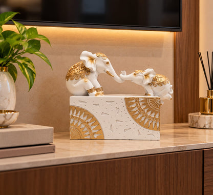 Ornate White & Gold Elephant Family Showpiece | Royal Mother and Calf Figurine for Living Room & Home Decor